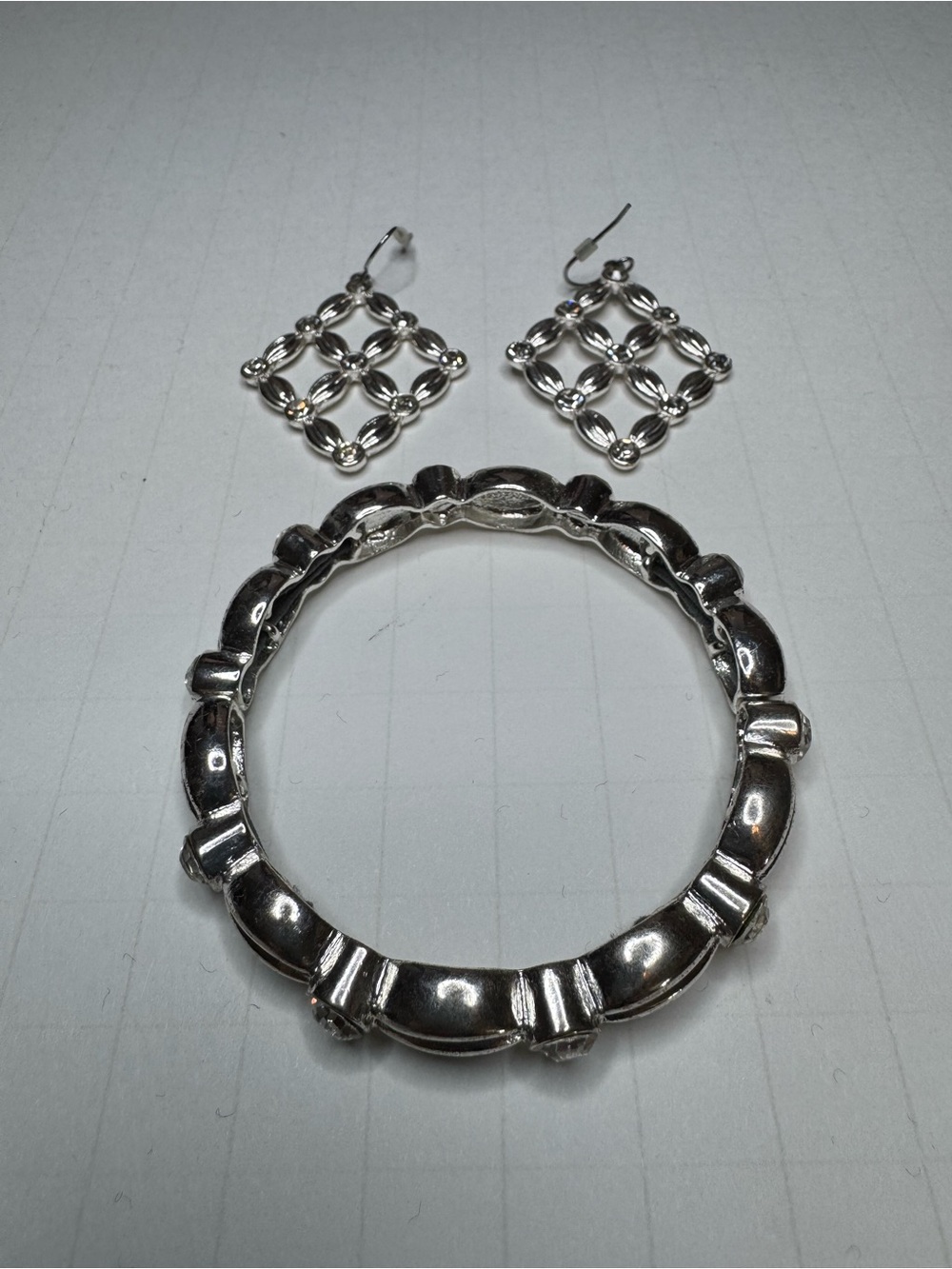 Trifari Silver-tone Sculpted Bangle with Filigree Drop Earrings